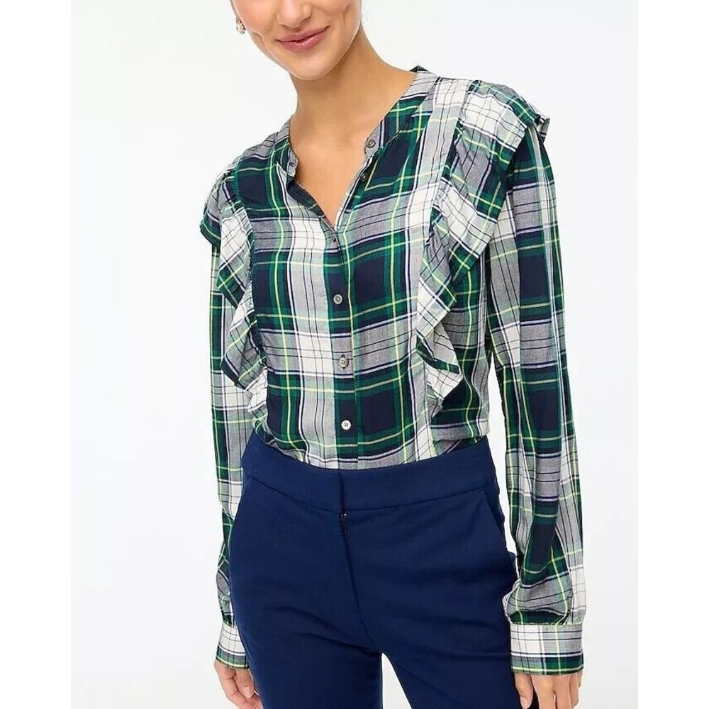 J Crew Women's Glen Plaid Ruffle-Front Button Down Blouse Size Large BL726